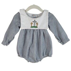 Dapperly Done Romper Blue White 6-12M Striped Seersucker Long Sleeve Baptism